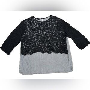 Ming Wang Lace Relaxed 3/4 Sleeve Blouse Black Gray